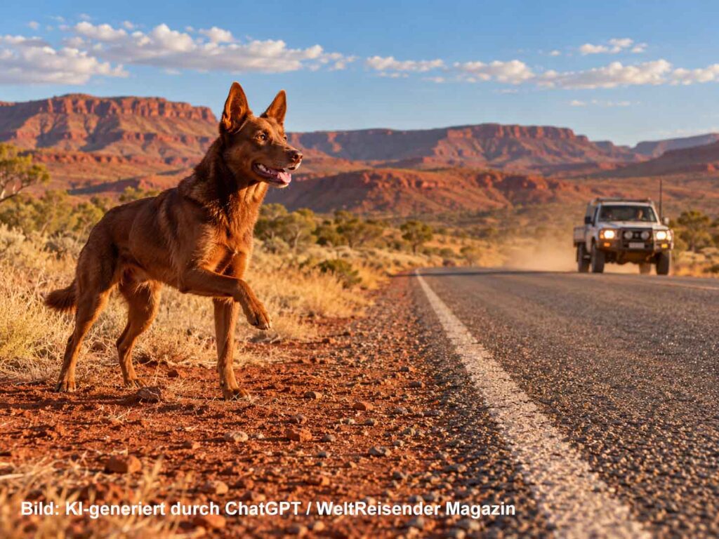 KI-generierte Illustration eines rotbraunen australischen Arbeitshundes am Straßenrand in der Pilbara, während sich ein Geländewagen nähert.