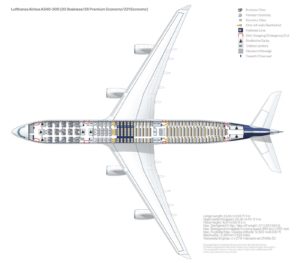 Lufthansa-Sitzplatzkonfiguration und wichtige Daten zu den „Eindeckern“ - die Fotos 43 Sitzplan Lufthansa Airbus A340-300, mit 30 Sitzen in der Business Class, 28 Premium Economy und 221 Economy-Sitzen