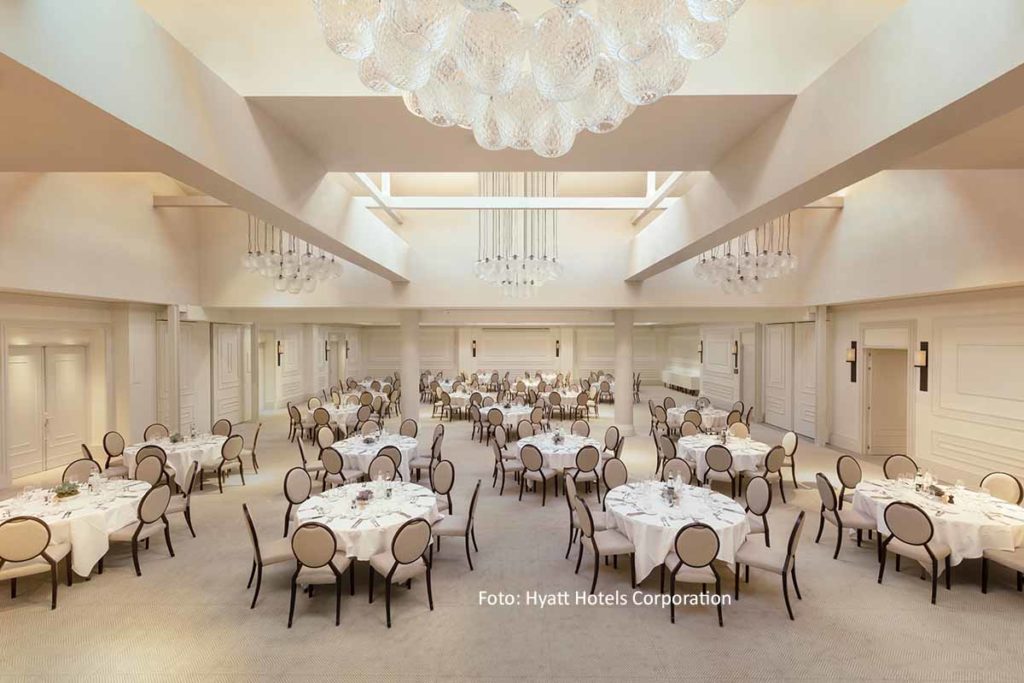 Moderner Ballsaal mit zahlreichen Tischen