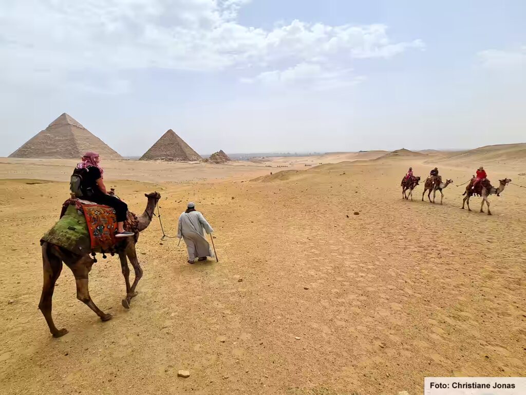Eine Nil-Kreuzfahrt in Ägypten ist ein einmaliges Erlebnis 56 Links sind die Pyramiden, im Vordergrund Touristen auf Kamelen