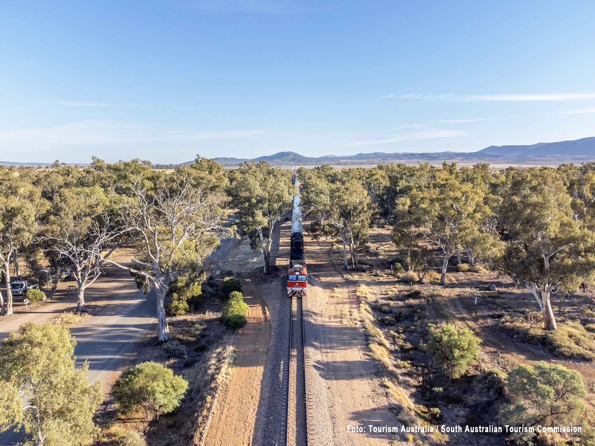Drohnenaufnahme von The Ghan im australischen Busch