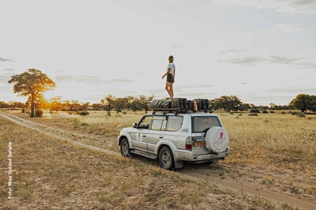 Frau steht auf dem Dach eines Miss Guided Safaris Geländewagens und blickt bei Sonnenuntergang über die weite Savannenlandschaft Afrikas.