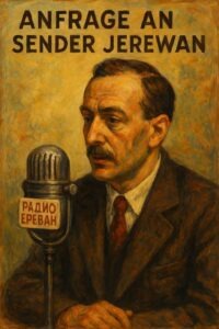 Armenien – Das unterschätzte Juwel im Kaukasus 5 Künsterisches Bild mit männlichem Sprecher an einem Mikro auf dem in kyrillisch Radio Erewan steht