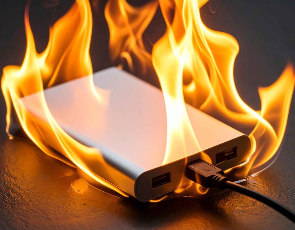 Powerbank inmitten von Flammen