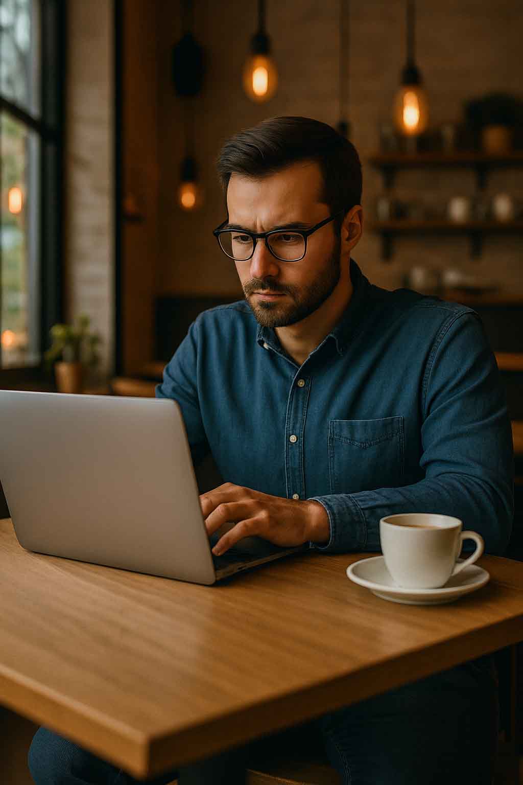 Mann sitzt in einem Café an einem Laptop
