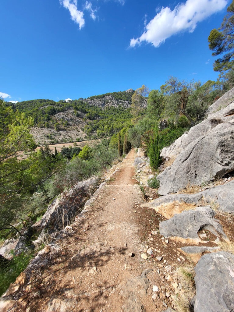 Schmaler Wanderweg durch Felsen und mediterrane Vegetation oberhalb des Landguts Raixa auf Mallorca mit Blick auf die Serra de Tramuntana.