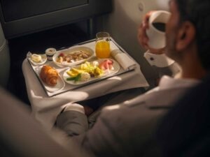Der Bordservice in den Lufthansa-Flugzeugen 10 Tablett mit Essen