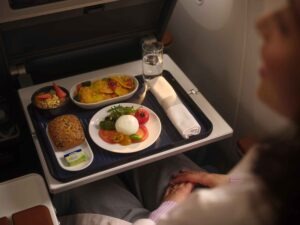 Der Bordservice in den Lufthansa-Flugzeugen 9 Tablett mit Essen