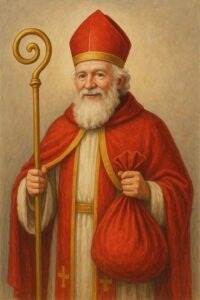 Der Geburtsort von Nikolaus ist das türkische Demre - woher der Brauch mit den Geschenken kommt 29 Realistische Illustration des heiligen Nikolaus in roter Bischofskleidung mit Mitra, Krummstab und einem roten Geschenkesack; freundlicher älterer Mann mit weißem Bart vor neutralem Hintergrund.