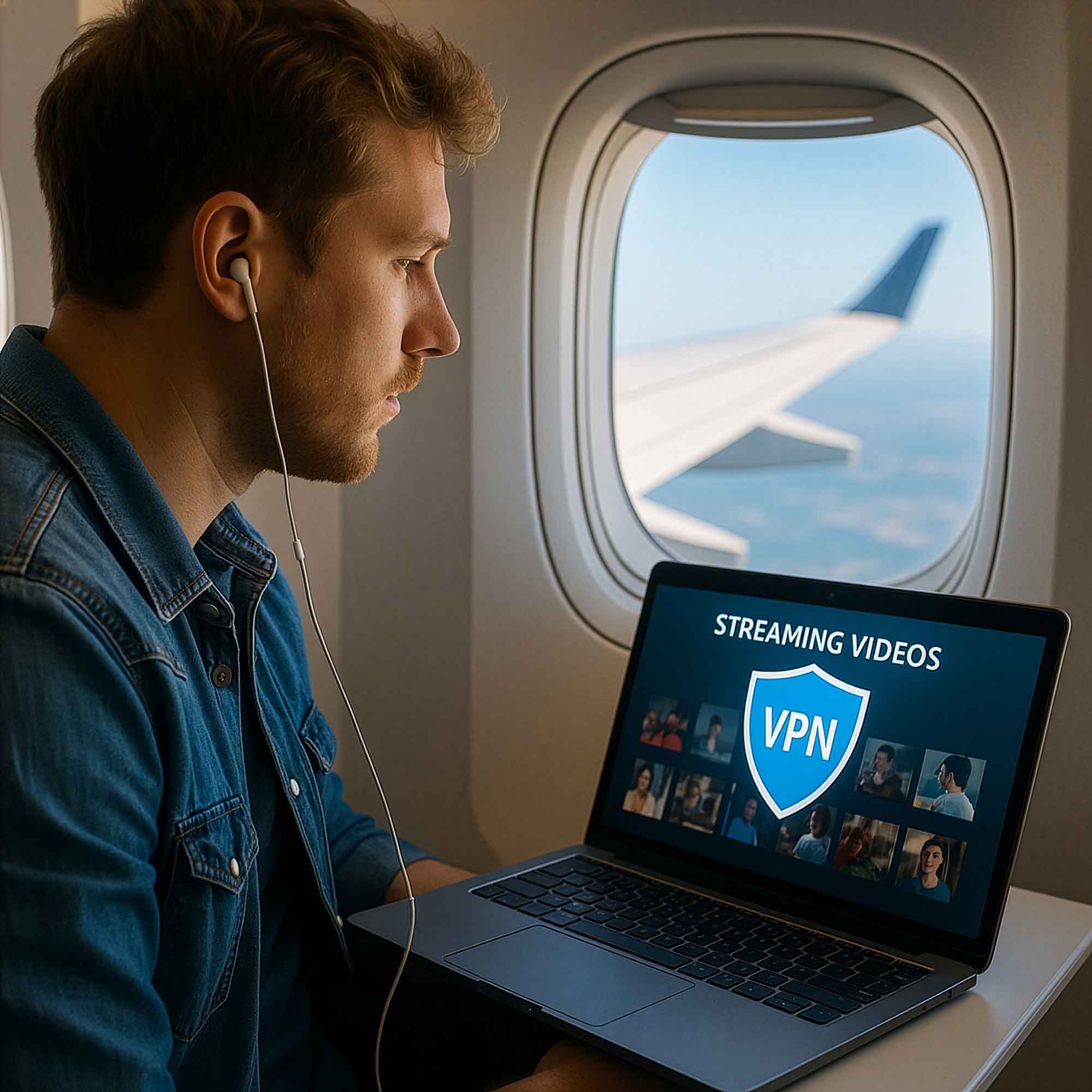Flugzeugpassagier schaut auf seinen Laptop