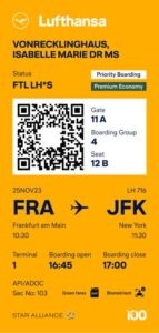 Screenshot einer Lufthansa-Bordkarte mit einem 100-Signet