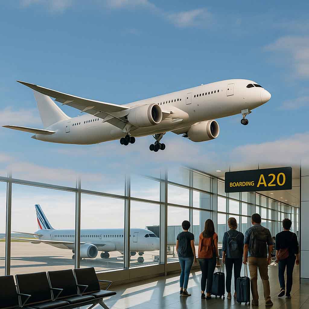 Die Zukunft des Fliegens: Moderne Airlines, neue Flugzeuge und smarter Tourismus 3 Ein modernes, weiß lackiertes Verkehrsflugzeug im Landeanflug über einem hellen Flughafenterminal, in dem fünf Reisende am Gate A20 warten. Durch die großen Fenster ist ein weiteres Flugzeug am Boden zu sehen; die Szene wirkt ruhig und zeigt typische Abläufe am Flughafen ohne erkennbare Marken.