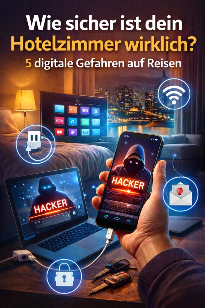 Hotelzimmer bei Nacht mit Laptop, Smartphone und Smart-TV, auf deren Bildschirmen „HACKER“ angezeigt wird – Illustration zu digitalen Sicherheitsrisiken wie Hotel-WLAN, Phishing und Geräte-Hacks auf Reisen.