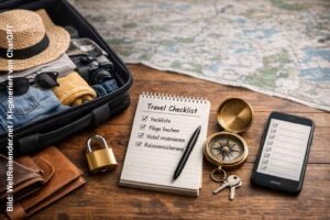 Gepackter Koffer mit Kleidung und Kamera auf einem Holztisch, daneben eine abgehakte Reise-Checkliste, Smartphone mit digitaler Checkliste, Kompass, Vorhängeschloss und gefaltete Landkarte im Hintergrund.