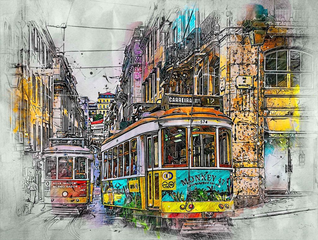 Illustrative Darstellung einer gelben Straßenbahn der Linie 12 in einer engen Straße der Altstadt von Lissabon zwischen historischen Gebäuden.