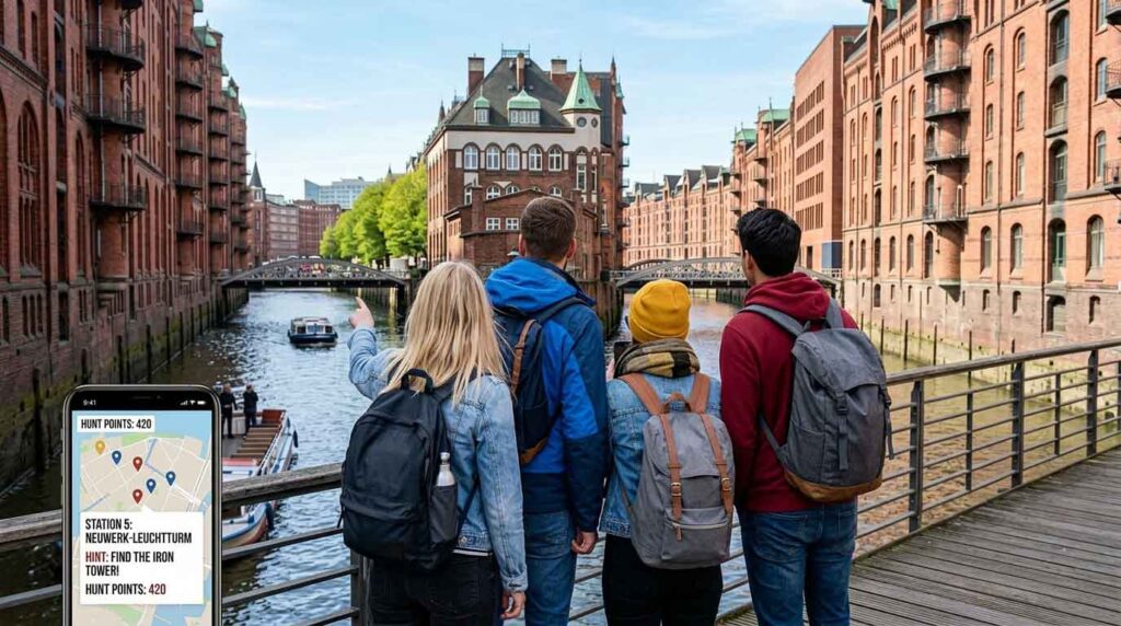 Vier Personen mit Rucksäcken blicken in der Hamburger Speicherstadt auf einen Kanal und erkunden per Smartphone eine interaktive Stadttour.