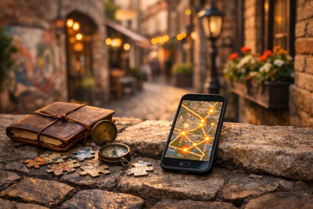 Warum echte Spontanität auf Reisen Vorbereitung braucht 4 Smartphone mit digitaler Karte, daneben Kompass, Notizbuch und Puzzleteile in einer verwinkelten Altstadtgasse als Sinnbild für interaktive Stadtentdeckungen.