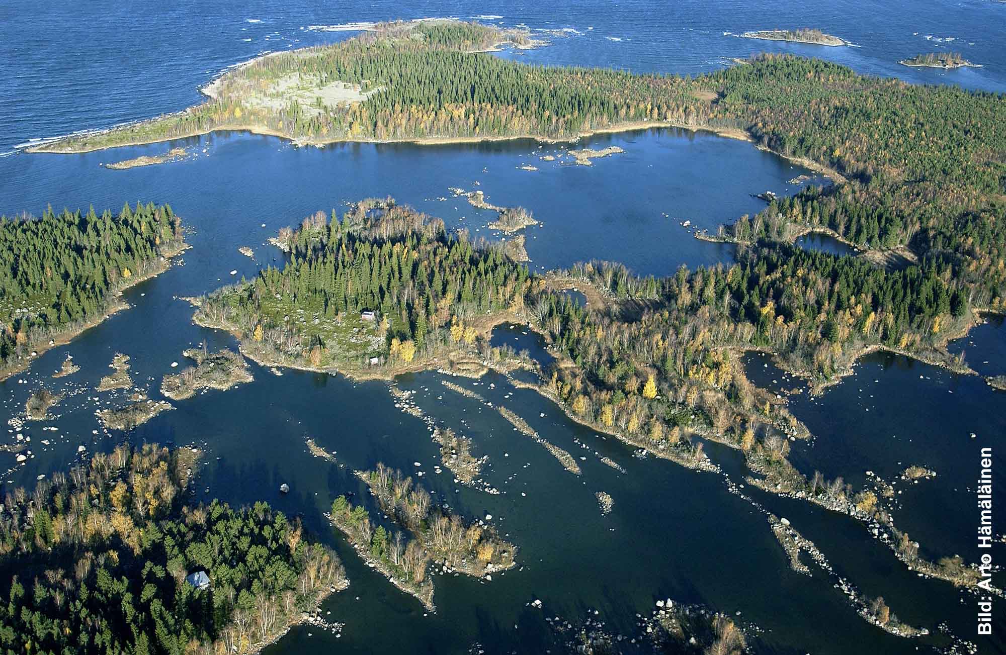 Luftaufnahme von Moräneninseln im Kvarken-Archipel an der finnischen Ostseeküste