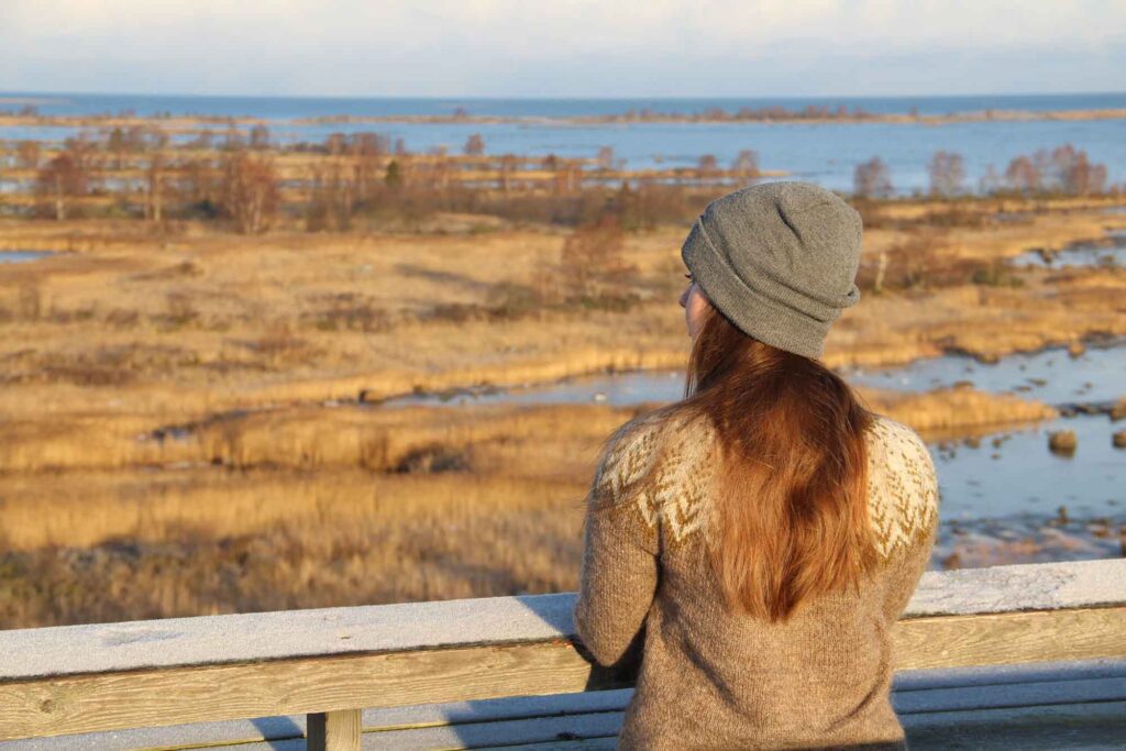 Frau blickt von Aussichtspunkt über die Insel- und Küstenlandschaft des Kvarken-Archipels