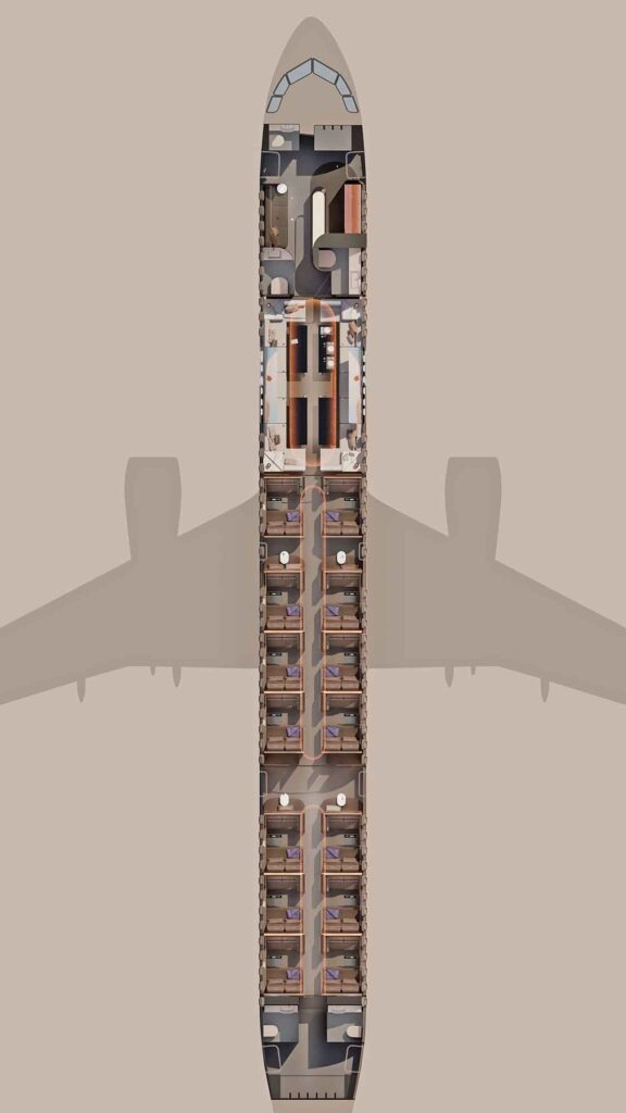 Grafischer Grundriss (Layout of Passenger Accommodation) eines Langstreckenflugzeugs, der die Anordnung von Bar, Lounge und den zahlreichen privaten Suiten zeigt.