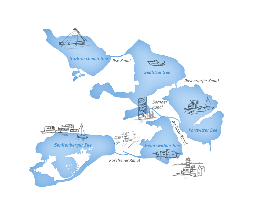 Lausitzer Seenland - Fünf-Seen-Verbund öffnet Ende Juni 4 Grafische Karte des Lausitzer Seenlands mit markierten Seen wie Senftenberger See, Geierswalder See und Partwitzer See