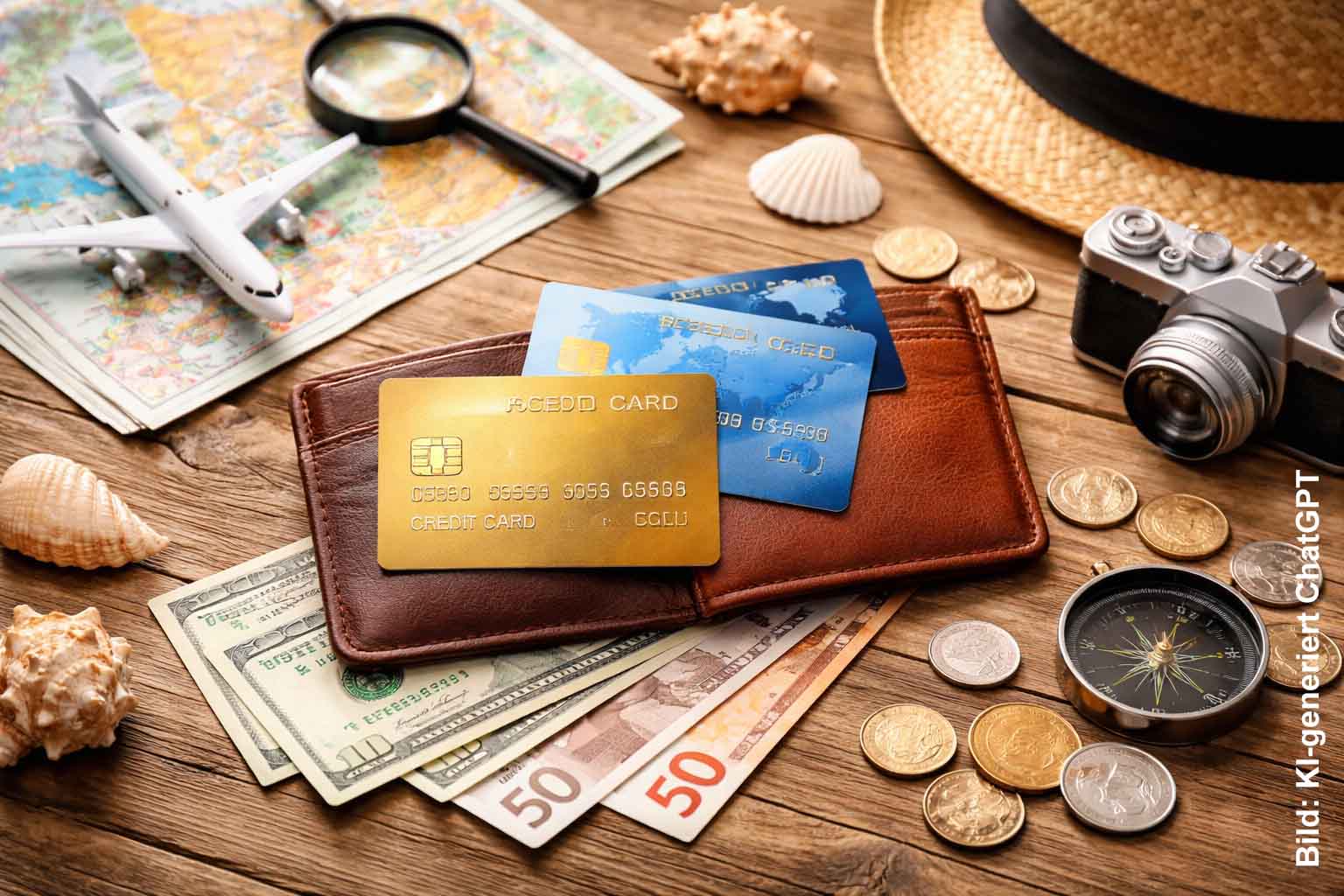 Tipp: Es gibt gute Kreditkarten, die kostenlos sind 1 Symbolbild mit Karten, Geldscheinen und weiteren Reiseutensilien