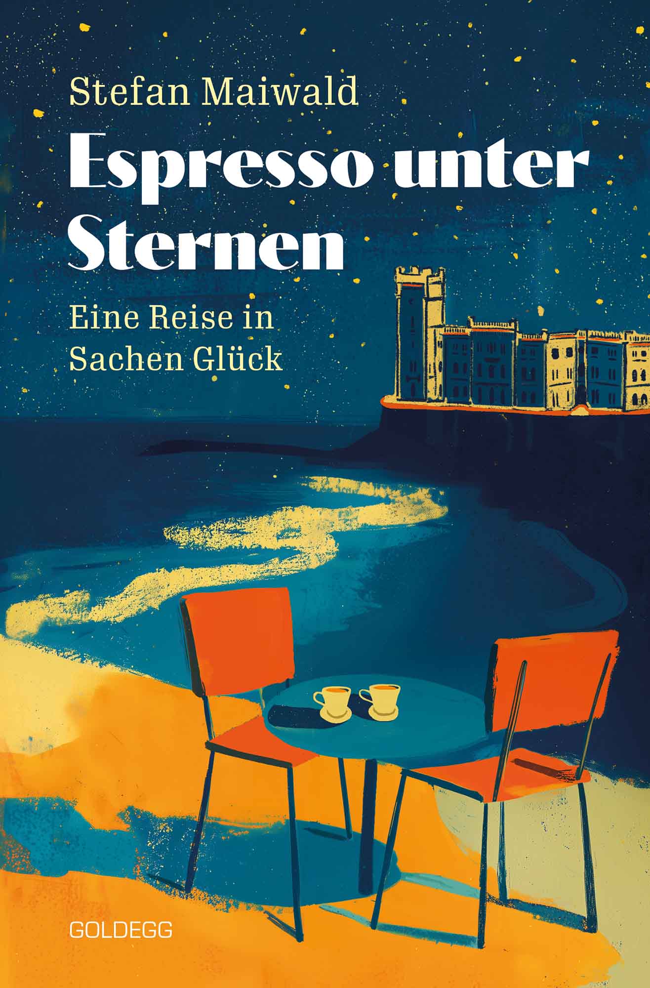 Espresso, Glück und Anderszeit in Triest 1 Cover-Bild: Im Hintergrund historische Gebäude am Wasser, im Vordergrund ein Café-Tisch mit zwei Stühlen