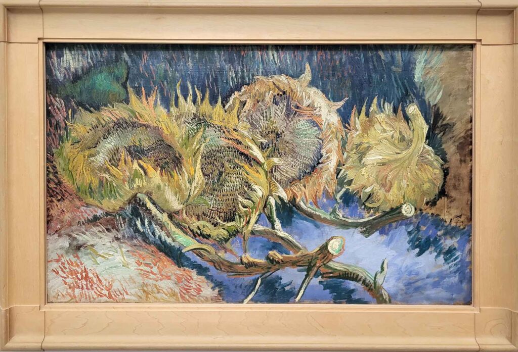Detailreiche Darstellung verwelkender Sonnenblumen auf einem Ast im expressiven Stil von Vincent van Gogh