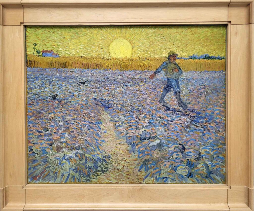 Gemälde eines Bauern beim Säen auf einem Feld bei tief stehender Sonne im typischen Stil von Vincent van Gogh