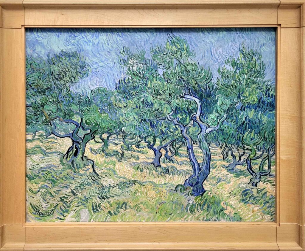 Gemälde mit Olivenbäumen in lebendigen Pinselstrichen und geschwungenen Formen im Stil von Vincent van Gogh