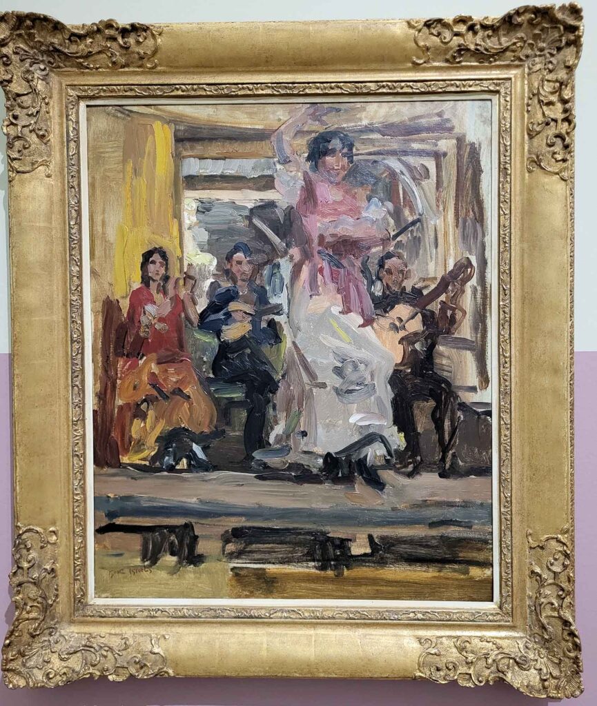 Gemälde mit einer tanzenden Frau in weißem Kleid, begleitet von Musikern, in lockerem impressionistischen Pinselstrich