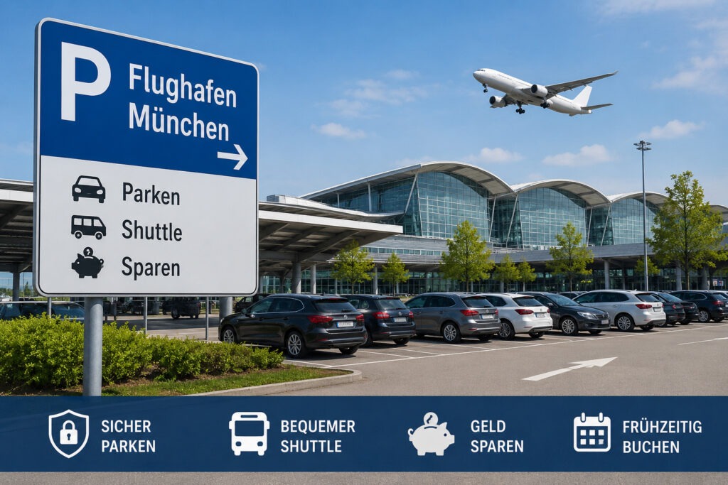 Hinweisschild auf Parken am Flughafen München mit Flugzeug in der Luft und Hallen im Hintergrund