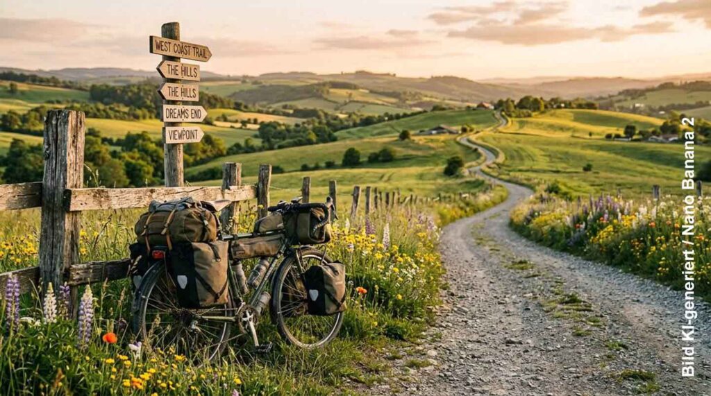 Hügelige Landschaft mit webweiser und beladenem Fahrrad im Vordergrund