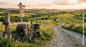 Hügelige Landschaft mit webweiser und beladenem Fahrrad im Vordergrund