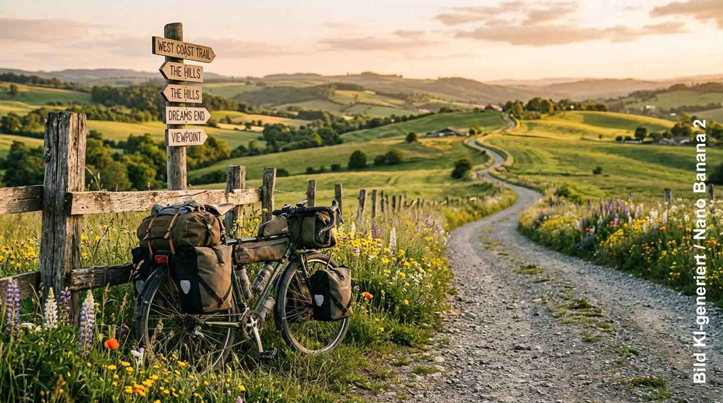 Hügelige Landschaft mit webweiser und beladenem Fahrrad im Vordergrund