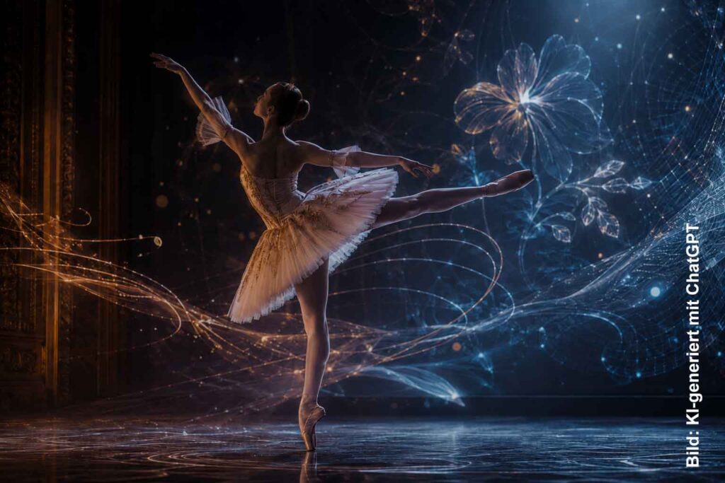 Start 1 Ballerina in klassischem Tutu tanzt auf einer Bühne, umgeben von digitalen Lichtspuren und leuchtenden Projektionen.