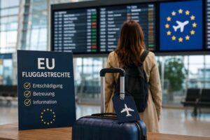 EU-Fluggastrechte: Vieles bleibt, Neues kommt hinzu 14 Reisende mit Koffer in einem Flughafenterminal vor einer Tafel zu EU-Fluggastrechten und einer Anzeigetafel im Hintergrund.
