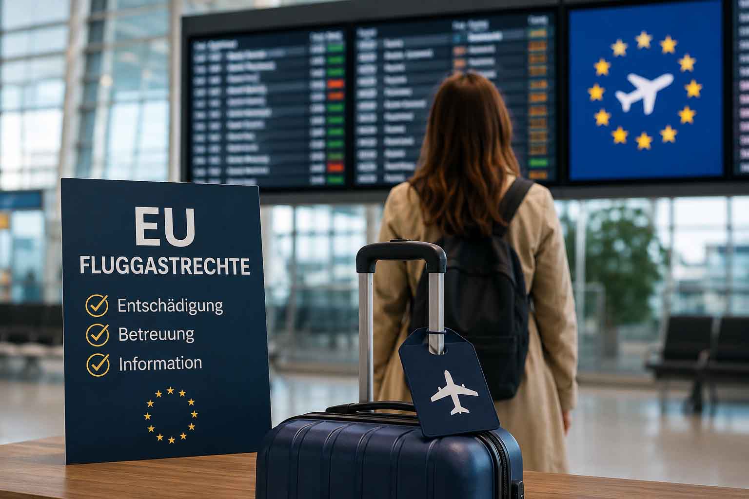 EU-Fluggastrechte: Vieles bleibt, Neues kommt hinzu 1 Reisende mit Koffer in einem Flughafenterminal vor einer Tafel zu EU-Fluggastrechten und einer Anzeigetafel im Hintergrund.