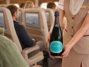 Service an Bord der Emirates-Flugzeuge: Essen, Getränke und Komfort in allen Klassen 14 Emirates-Flugbegleiterin hält eine Flasche Wiston Estate Brut NV vor Passagiersitzen