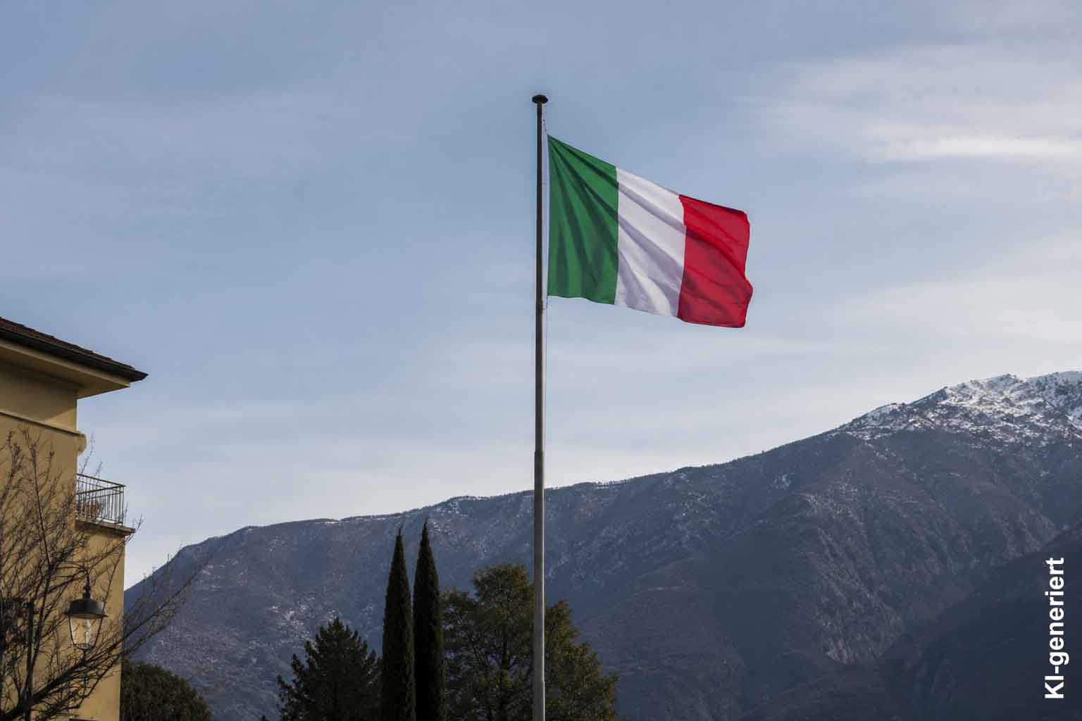 Italienische Flagge vor einer verschneiten Berglandschaft in Campione d’Italia