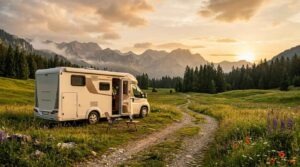 Wohnmobil vor unberührter Berglandschaft