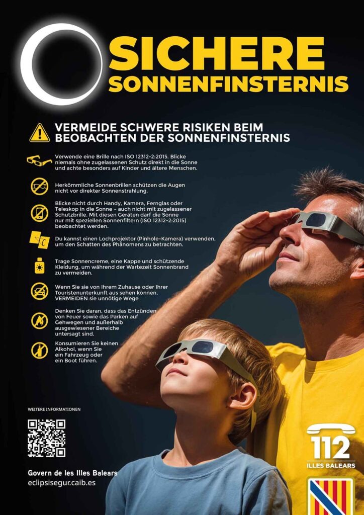 Infografik der Balearen mit Sicherheitshinweisen zur Beobachtung einer Sonnenfinsternis mit geeigneter Schutzbrille