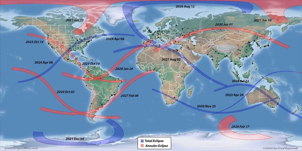 Weltkarte mit den Pfaden totaler und ringförmiger Sonnenfinsternisse von 2021 bis 2030 einschließlich der Sonnenfinsternis 2026