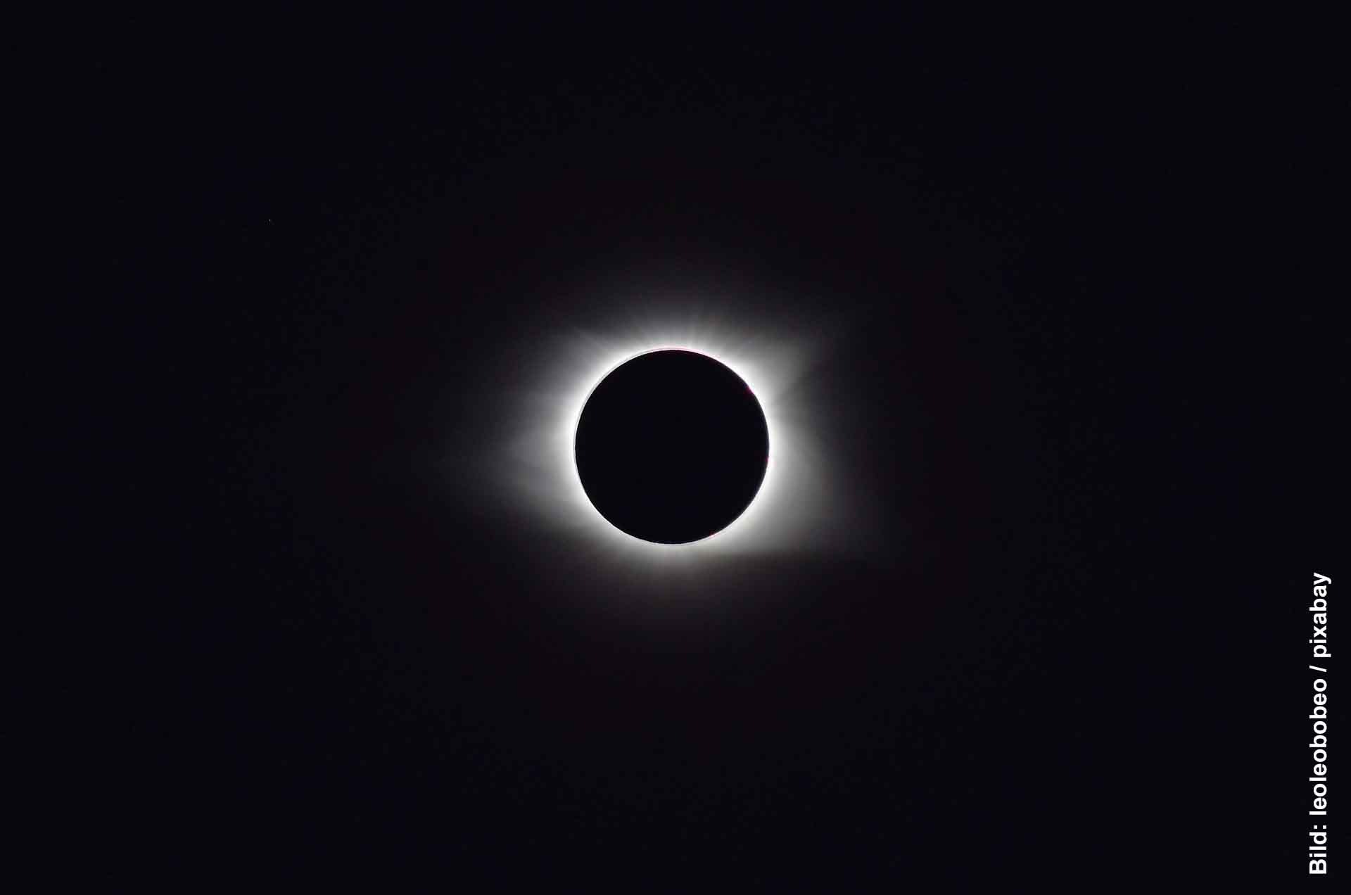 Totale Sonnenfinsternis vor dunklem Himmel mit leuchtender Korona rund um die schwarze Mondscheibe