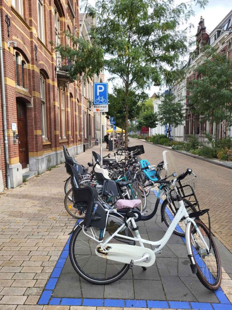Tilburg: Wo Industriekultur auf Design und neue Ideen trifft 36 Zahlreiche Fahrräder stehen auf einem blau markierten Fahrradparkplatz in einer Straße in Tilburg.