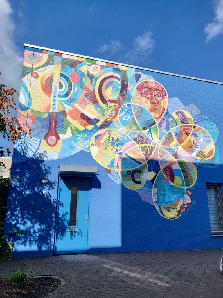 Eindhoven: Vom Philips-Erbe zur Zukunftsstadt 11 Farbenfrohes großflächiges Wandbild auf einer blauen Hausfassade in Woensel-West.