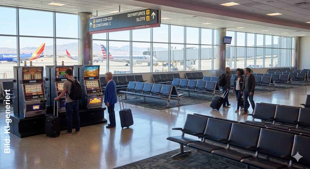 Spielautomaten in einem Flughafen-Terminal neben Sitzreihen und Reisenden