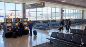 Spielautomaten unterwegs: Was Reisende an Flughäfen und Raststätten beachten sollten 6 Spielautomaten in einem Flughafen-Terminal neben Sitzreihen und Reisenden