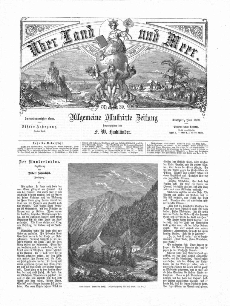 Historische Titelseite der Zeitschrift „Über Land und Meer. Allgemeine Illustrirte Zeitung“, Nr. 39 von 1869, mit der Illustration „Unter der Gacht“ im Lechtal.