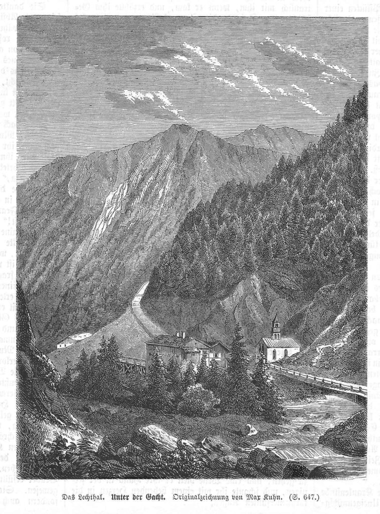 Historische Zeichnung von Unter der Gaicht im Lechtal mit Bach, Kapelle, Häusern und steilen bewaldeten Berghängen.